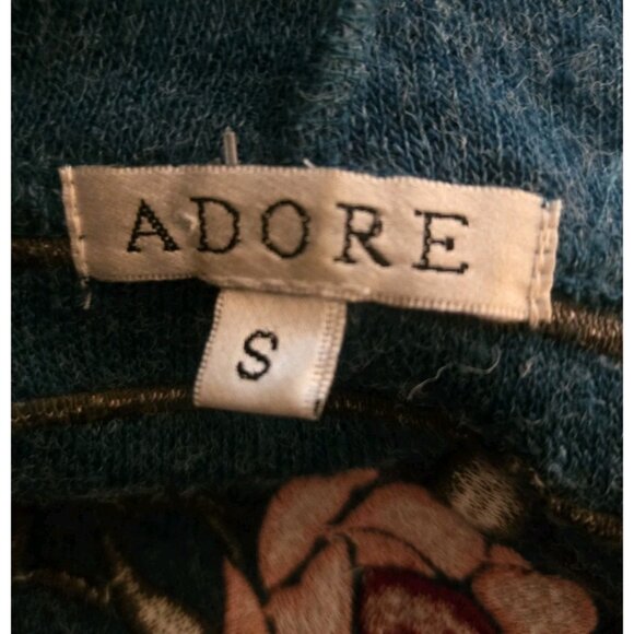 Adore Embroidered Sweater Hoodie Cardigan S Open Front Boho Teal Mid Length - Picture 7 of 8